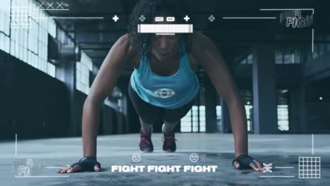 animación digital de la interfaz de un videojuego contra una mujer que realiza un ejercicio de flexión
