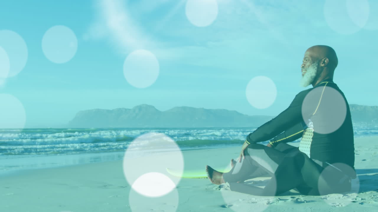 해변에 앉아 있는 아프리카계 미국인 남성 서퍼의 애니메이션