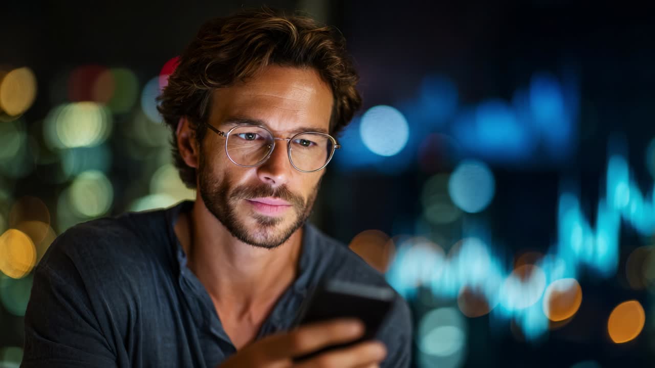 A focused man intently reviewing data on his smartphone while illuminated by city lights, showcasing a modern urban environment with a financial or analytical theme hinting at technology and connectivity