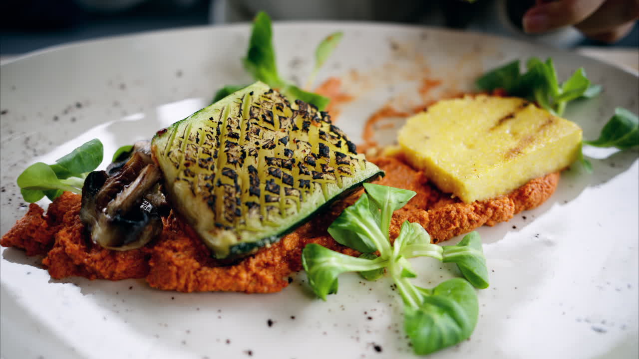 Woman eating grilled zucchini with mushrooms, polenta and hummus