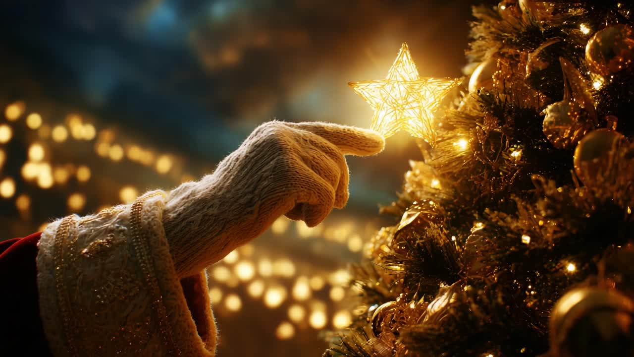 A Magical Christmas Scene Featuring a Hand Adorned in White Gloves Placing a Beautiful Star on a Luxurious Green Christmas Tree, Surrounded by Glowing Lights that Evoke the Spirit of the Season