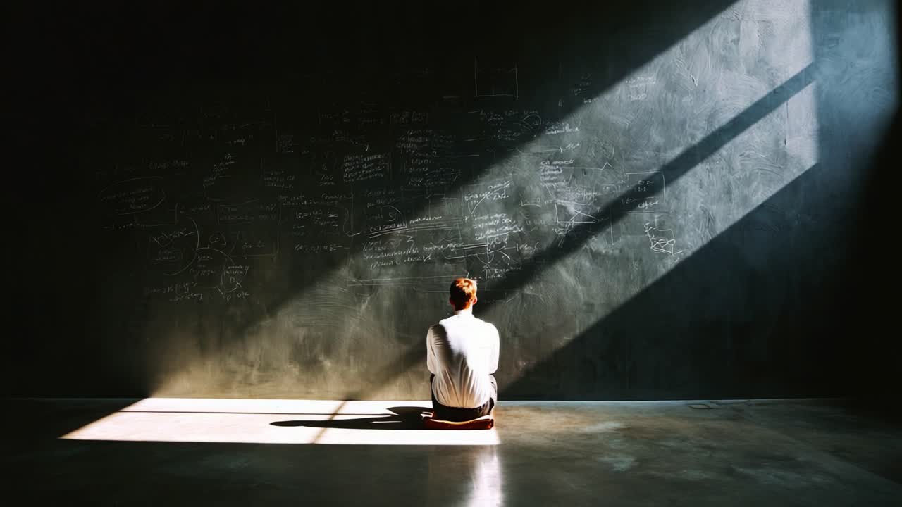A Solitary Figure Contemplates Life's Challenges in a Dimly Lit Room, Illuminated by Sunlight Through Large Windows Against a Wall Covered with Complex Thoughts and Ideas