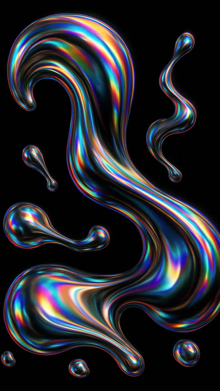 Abstract video concept with iridescent liquid shapes on a black background