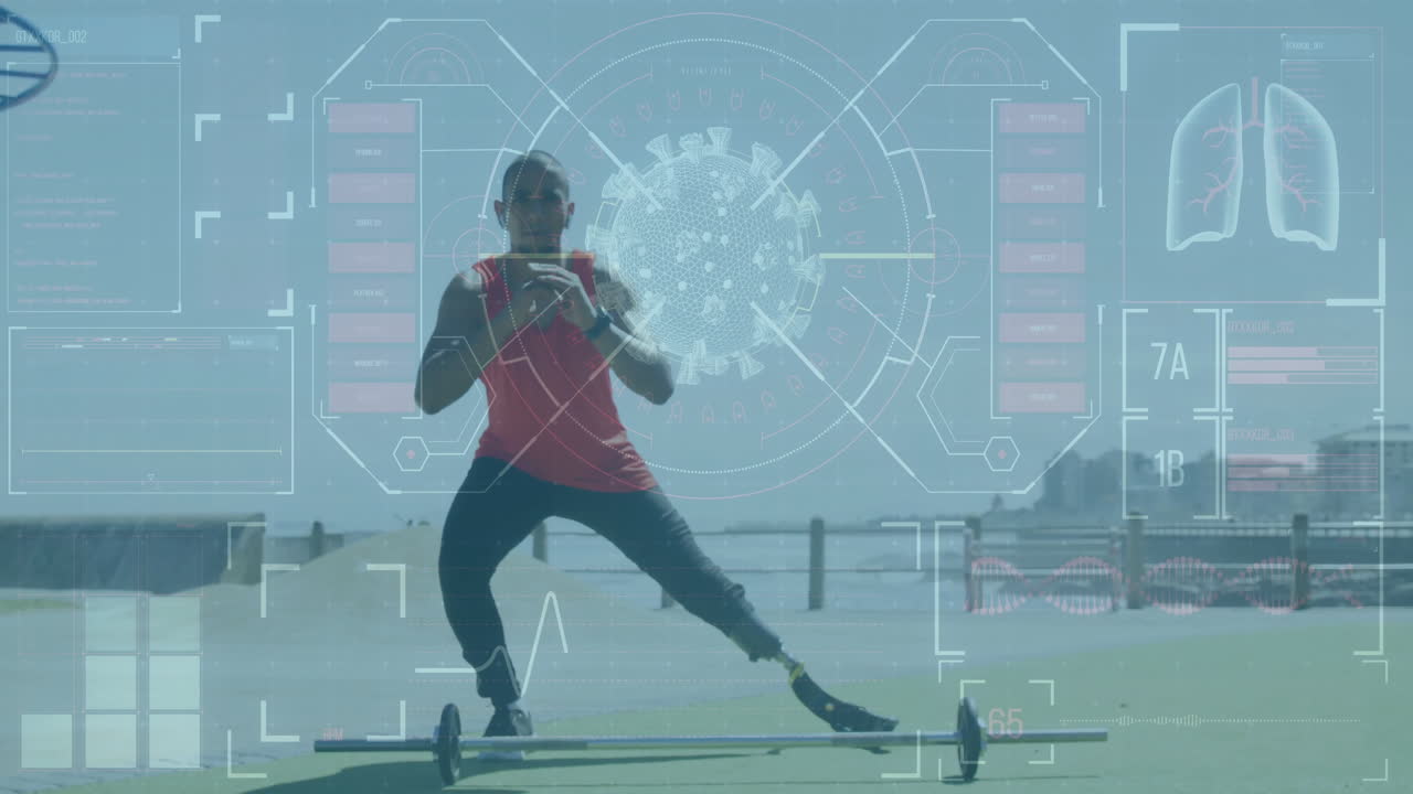 Exercising outdoors, man with digital health data animation overlay in park