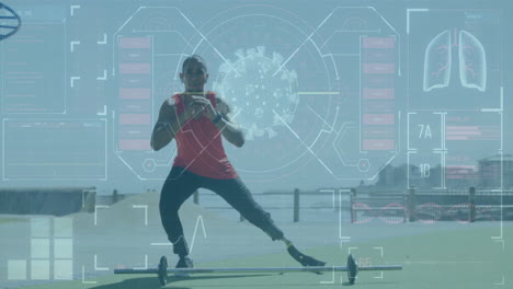 exercising outdoors, man with digital health data animation overlay in park