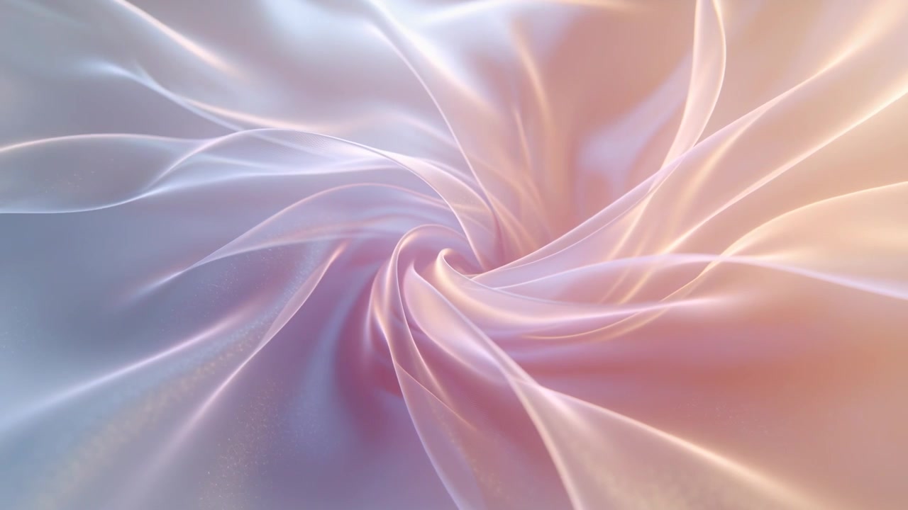 Tessuto trasparente a spirale che si stringe attorno a un vortice centrale in studio, simulazione che inizia con luce soffusa.
