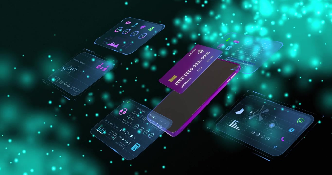 Carta viola che scorre, smartphone che ruota, tessere dell'interfaccia utente che appaiono e orbitano, mostrando i pagamenti.