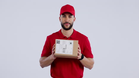 Portrait,-delivery-man-and-courier-giving-a-box