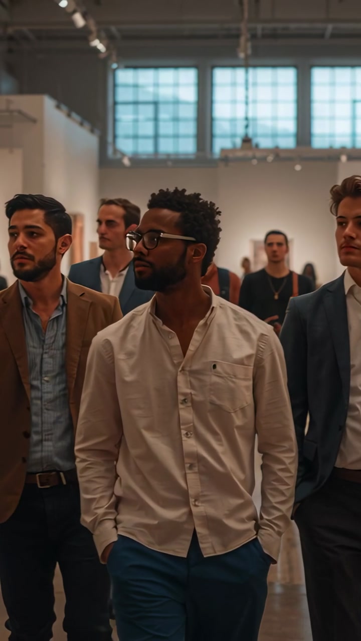 Vertical video: Browsing art, walking men in blazers led by man with glasses and shirt in gallery