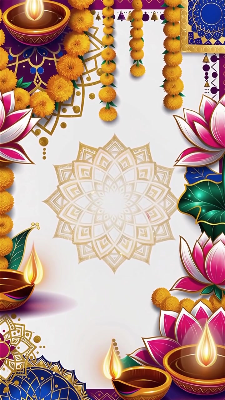 Sfondo Diwali con Diyas luminosi, Rangoli e fiori di loto
