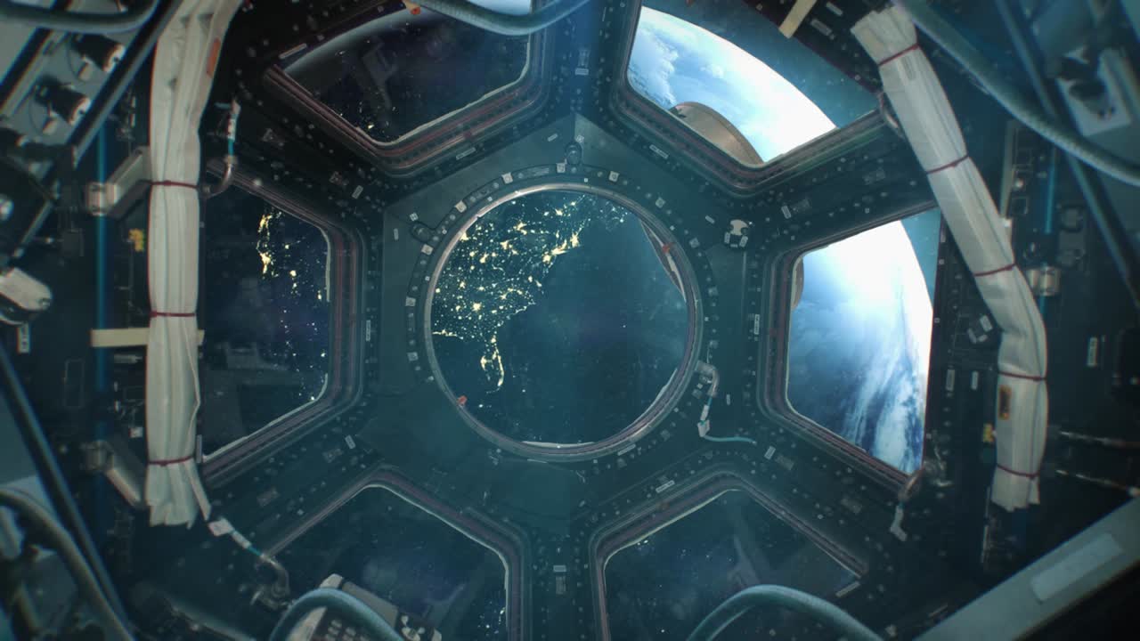 우주 정거장에서 보기 - 행성 지구에서 빛이 깜박임