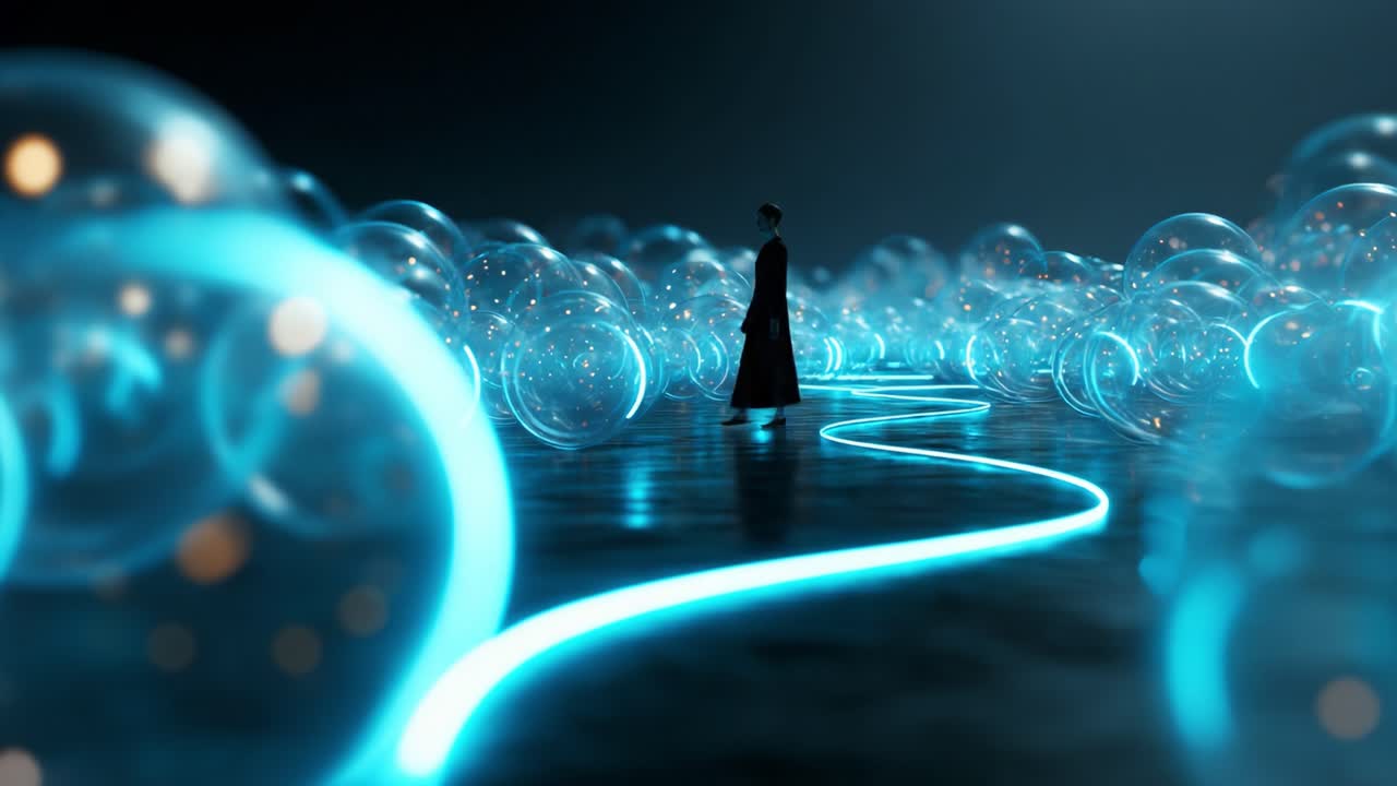 A solitary figure navigates through a mesmerizing landscape of luminous blue bubbles, creating a serene pathway illuminated by soft light, evoking a sense of wonder and tranquility in a dreamlike setting
