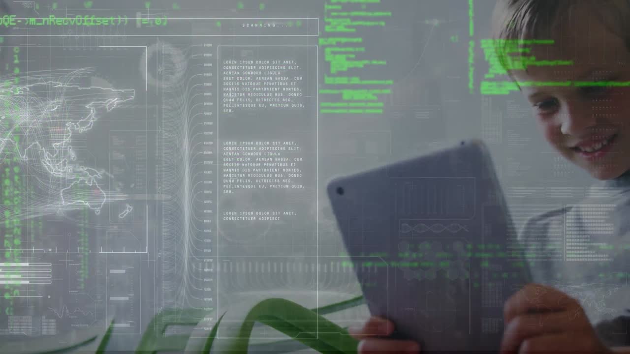 animación de procesamiento de datos y mapa del mundo sobre niño caucásico usando tableta