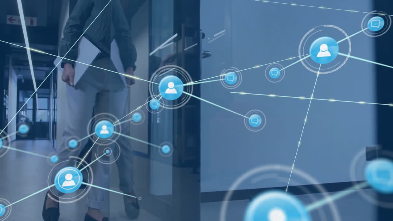 Animation of network of connections with icons over office