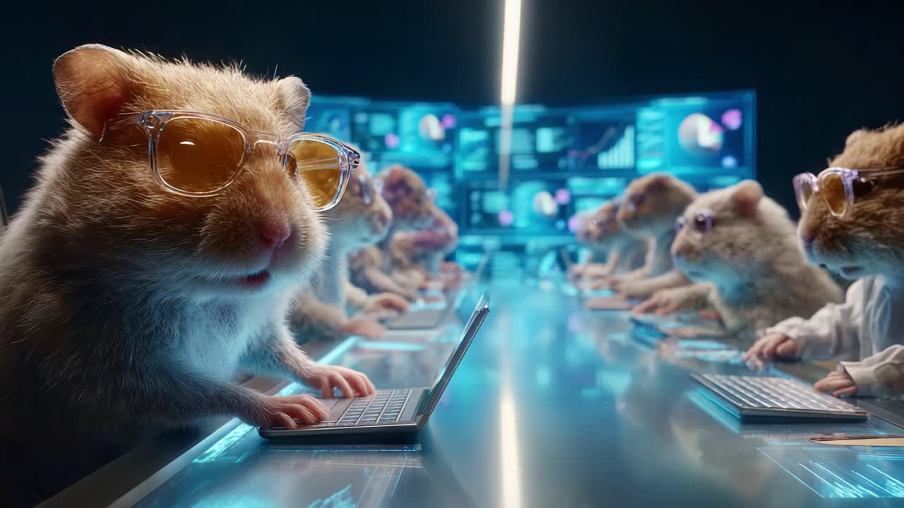 A group of meticulously organized hamsters, sporting stylish sunglasses, engages in a high-tech meeting at a futuristic conference table with glowing laptops, diligently analyzing data on large screens