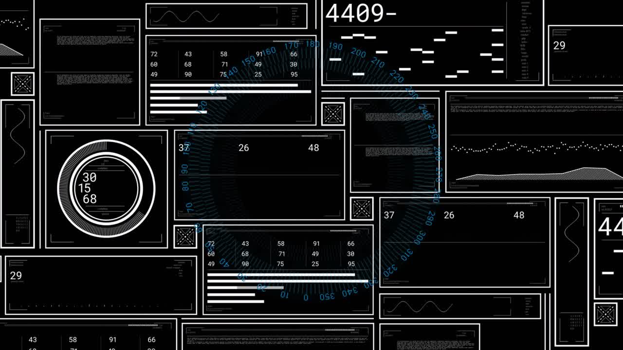 Blue circular scanner sweeping clockwise, causing tiled panels to update data for status