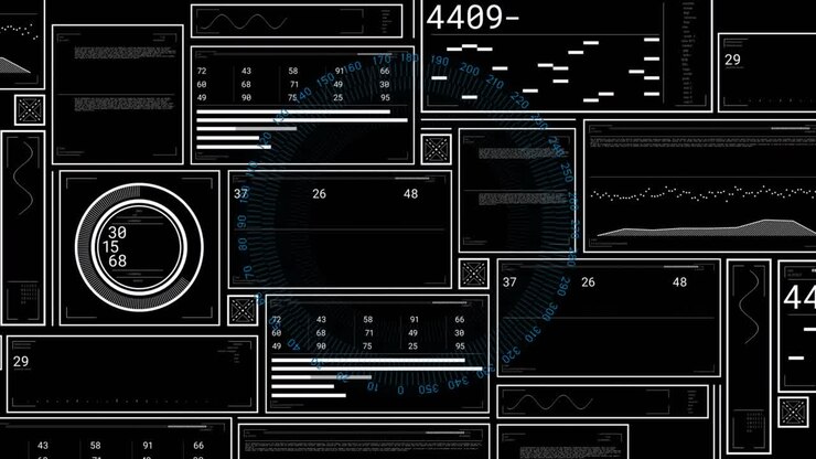 Blue circular scanner sweeping clockwise, causing tiled panels to update data for status