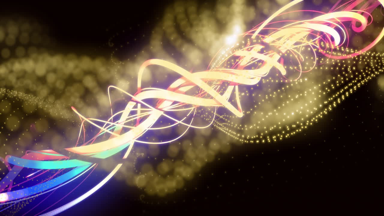Animation of glowing light trails moving over yellow mesh on black background