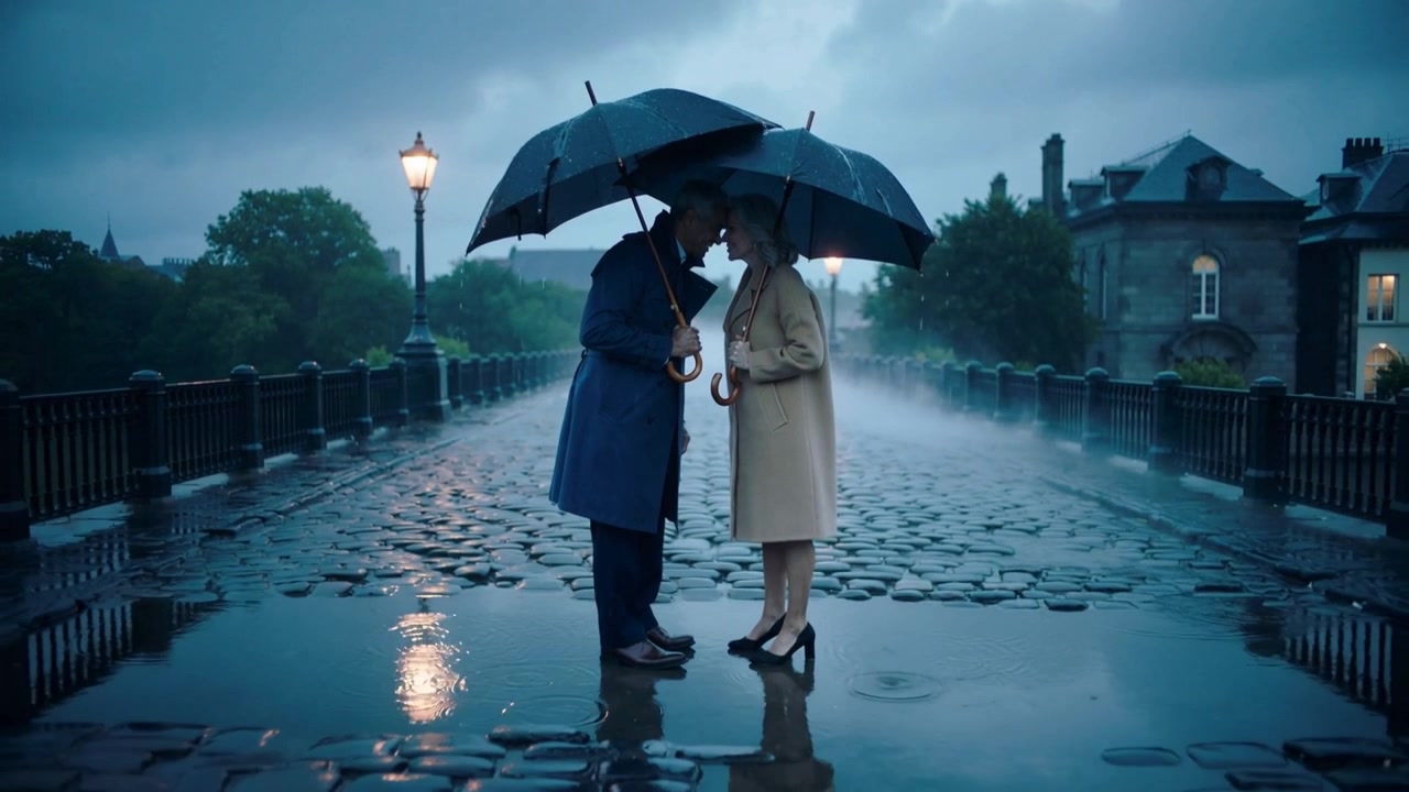 Angling umbrellas, rain falling, couple in blue and beige coats stepping closer on cobbled bridge