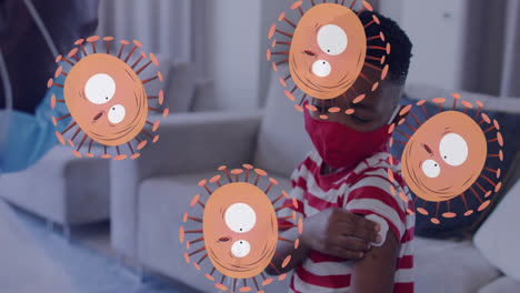 animación de células de covid naranja sobre un niño con máscara facial en el sofá en casa