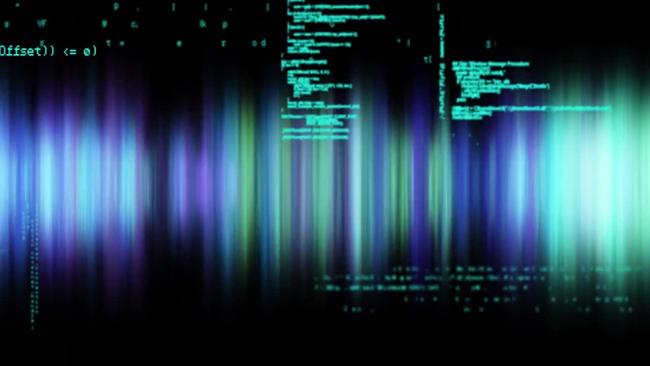Animation of data processing in green on black background with green and blue lights