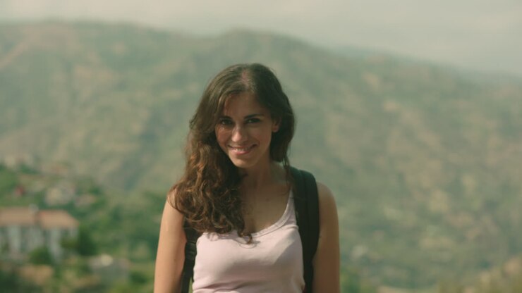 Portrait of attractive caucasian ethnicity young woman outdoor background, Smiling and laughing at camera