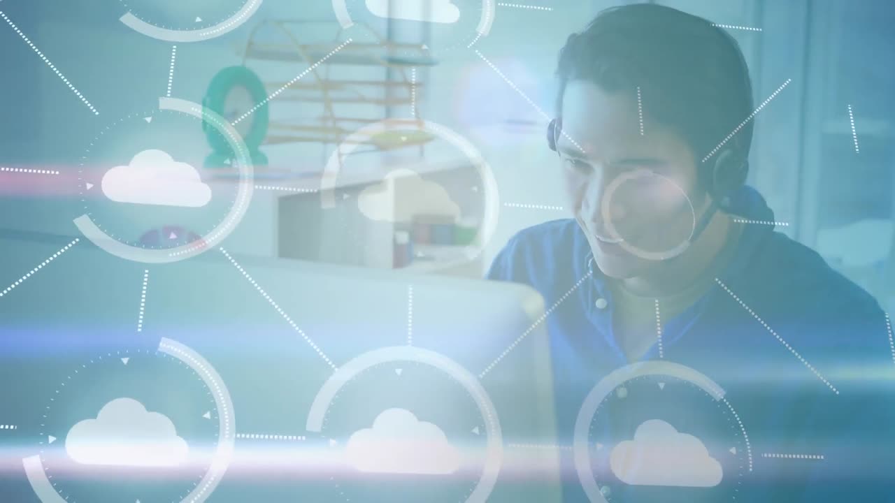 집 에서 전화 헤드 ⁇  을 사용하는 사람 위 를 날아다니는 구름 아이콘 의 애니메이션