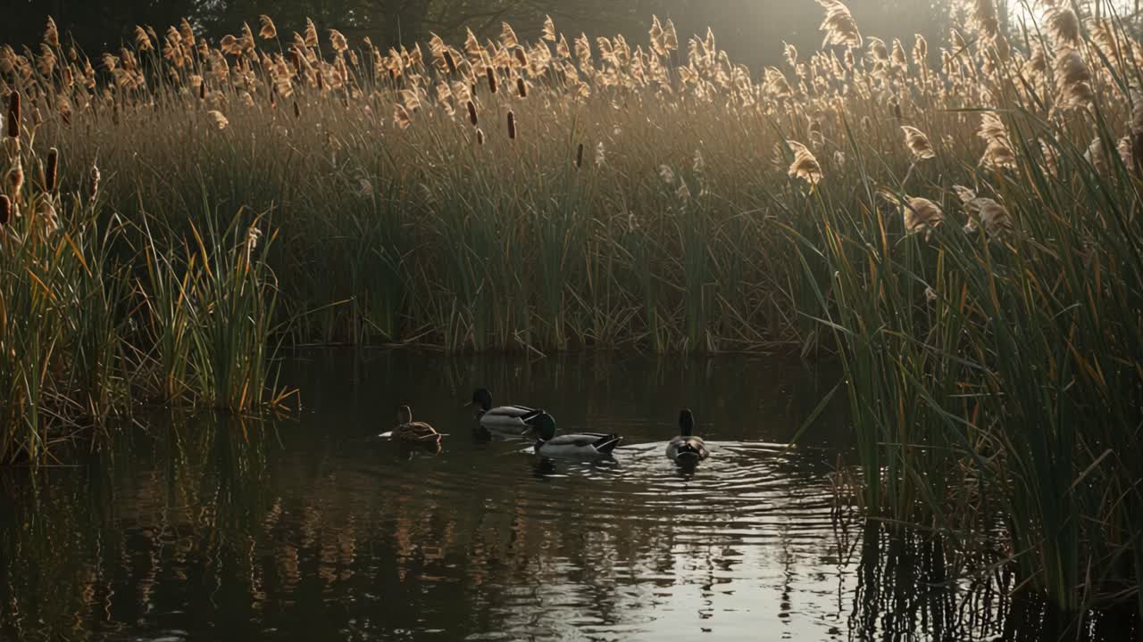 Serene Duck Family Swimming Among Reeds at Dawn, Capturing the Tranquility of Nature's Beauty in a Still Pond Surrounded by Lush Greenery and Golden Light