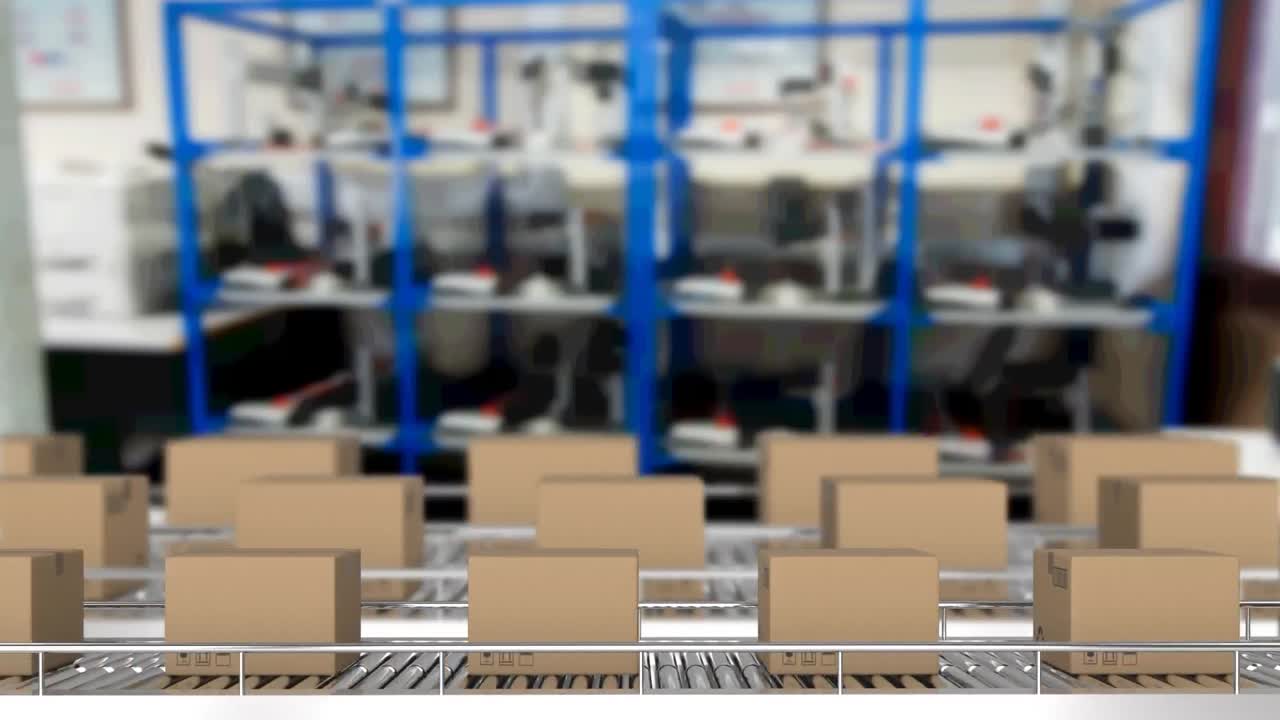 창고의 컨베이어 벨트에 있는 카드보드 상자의 애니메이션