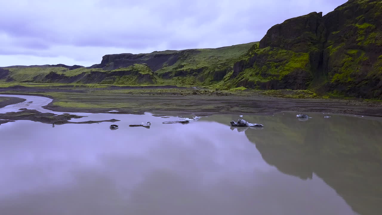 Glacial lake Sólheimajökull by drone
