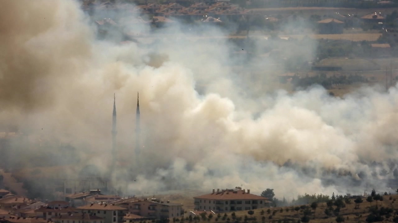 Fumo denso che si alza da un incendio boschivo vicino a un'area residenziale e una moschea