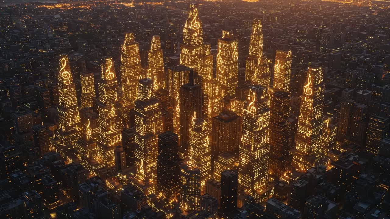A Majestic Skyline Illuminated by Musical Notes: An Evening Aerial View of a Vibrant Cityscape Drenched in Golden Lights and Melodic Designs