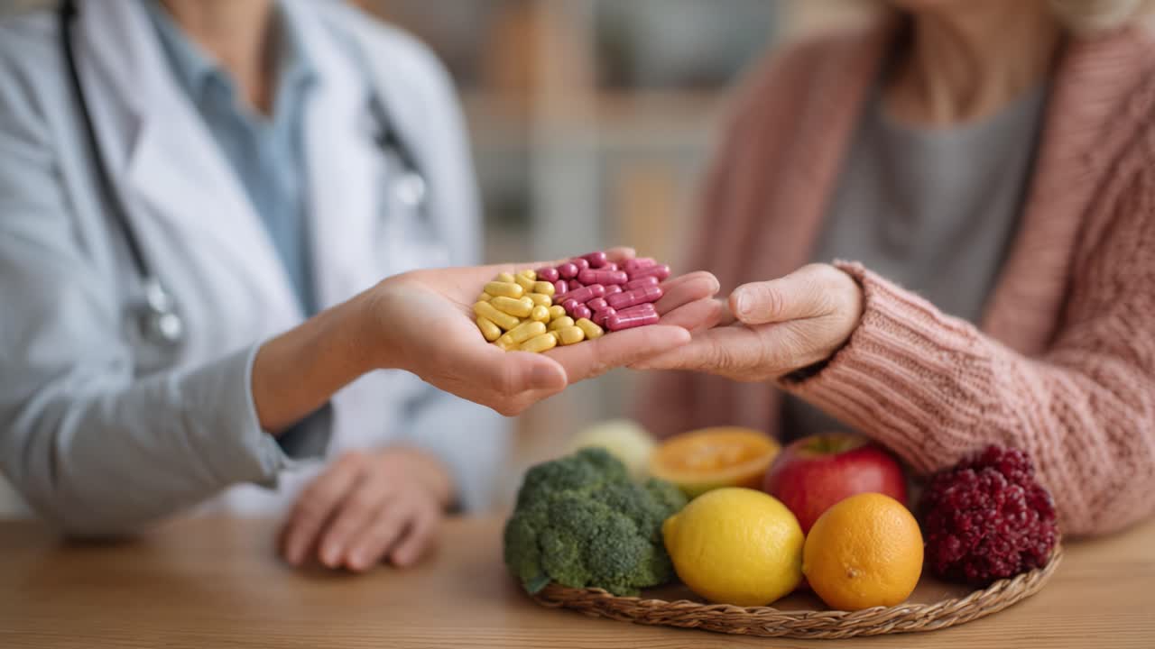 Un professionista sanitario discute di nutrizione e integratori con un paziente di fronte a un espositore di frutta fresca e pillole dietetiche