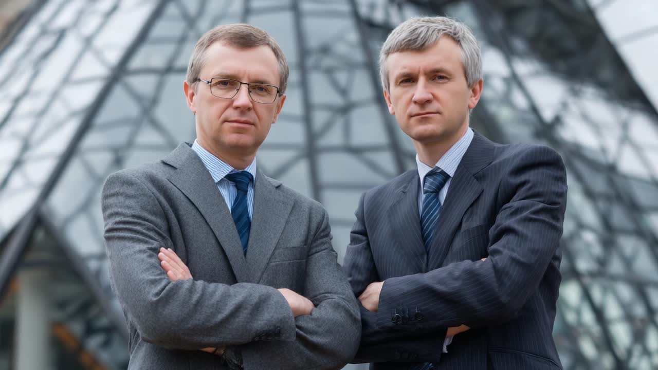 Two Professional Men Posing Confidently in Front of Modern Architecture, Illustrating Themes of Business Partnership and Collaboration in a Contemporary Setting