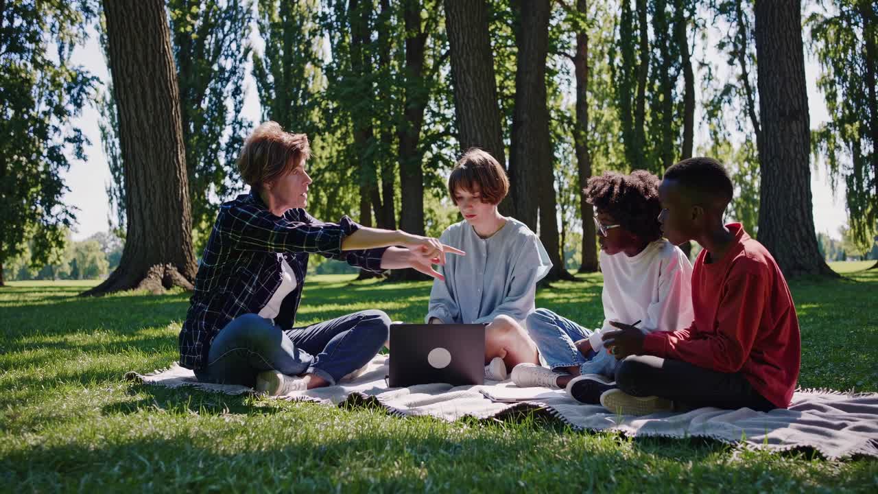 A group of kids and an adult sit on a blanket in a park, discussing around a laptop