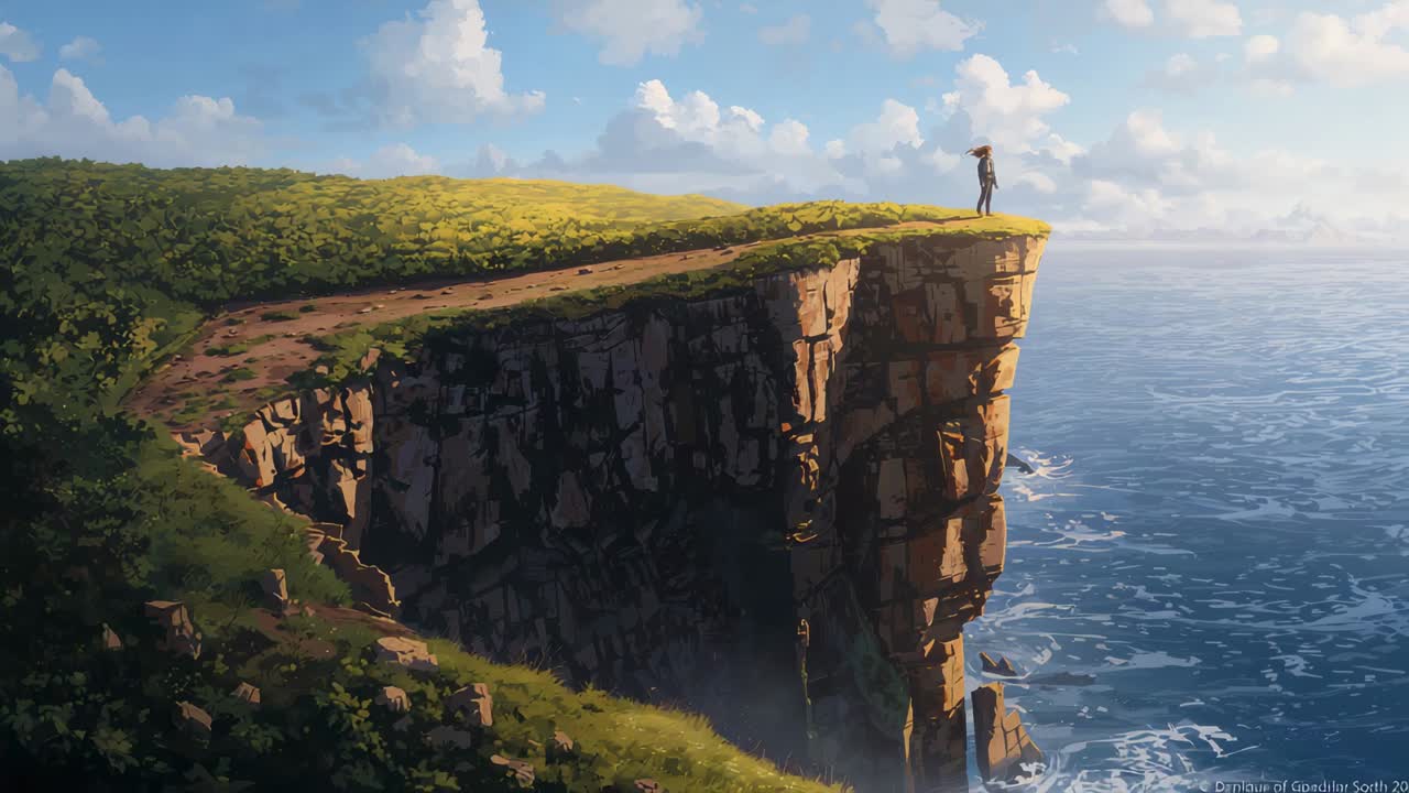 Approaching path, hiker in wide-brim hat and pack pausing on cliff rim, scanning ocean, copy space