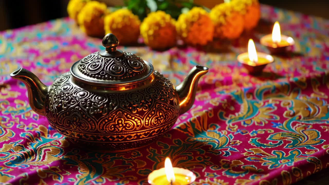 Ornate Teapot and Diwali Decorations
