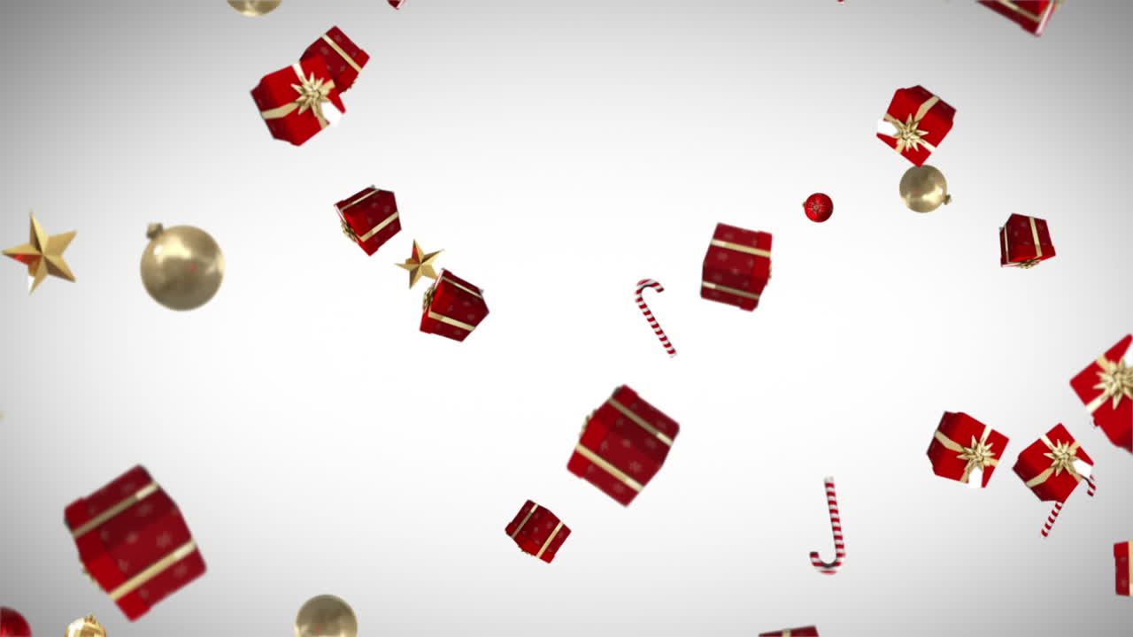 Gifts candy canes and christmas decorations falling
