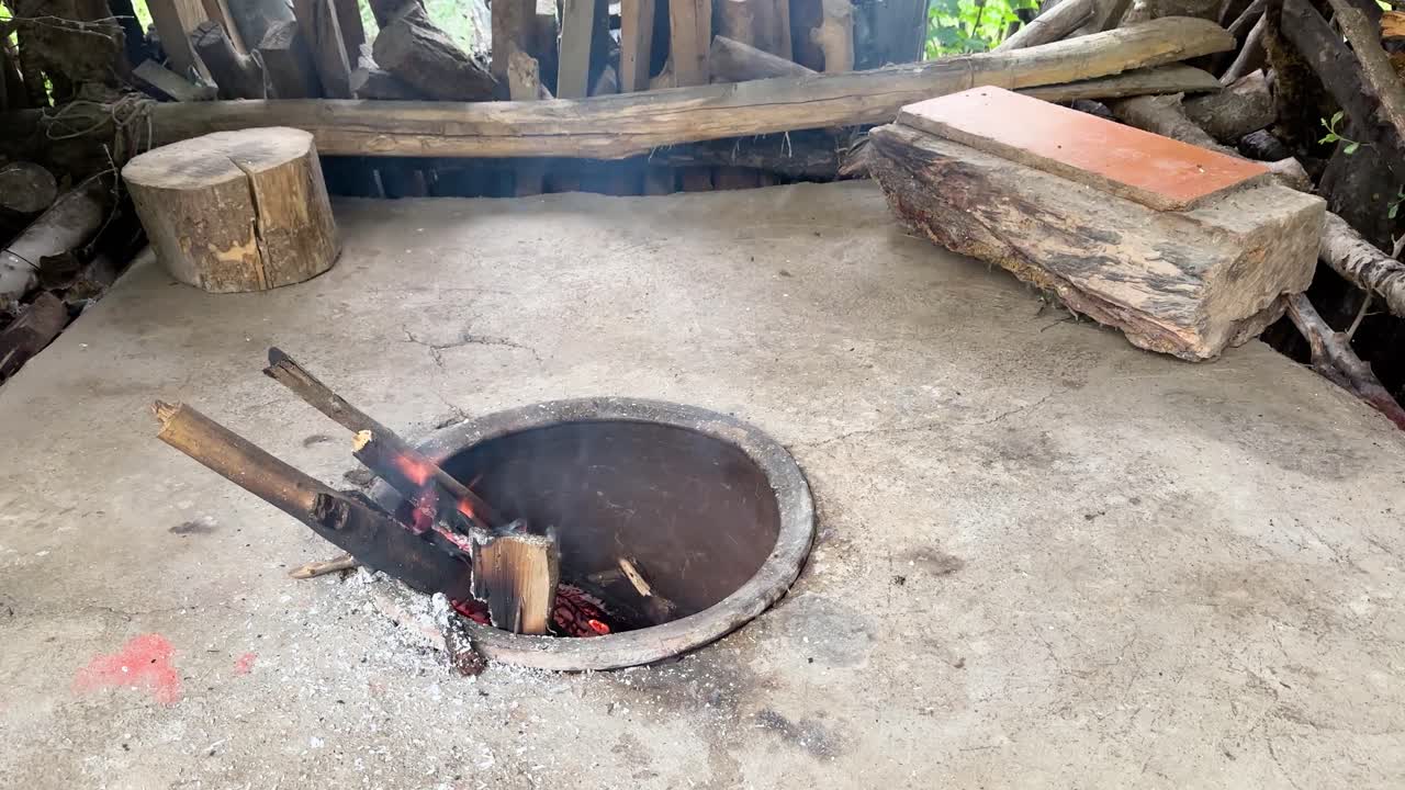 fuego leña horno de tierra en el área rural en la región forestal en el campo de montaña prepararse para hornear pan plano estilo turco comida persa en irán la gente local la vida en el patio trasero al aire libre cocinar delicioso
