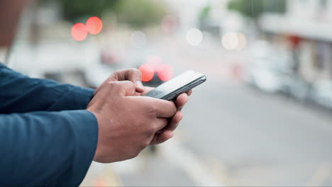 Person,-phone-and-hands-in-city-for-communication