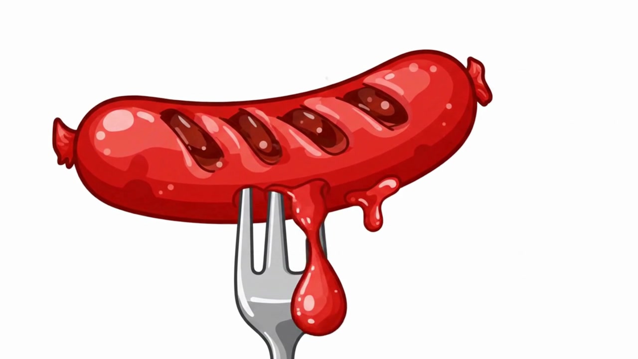 Animazione di salsiccia grigliata con ketchup che cola su una forchetta