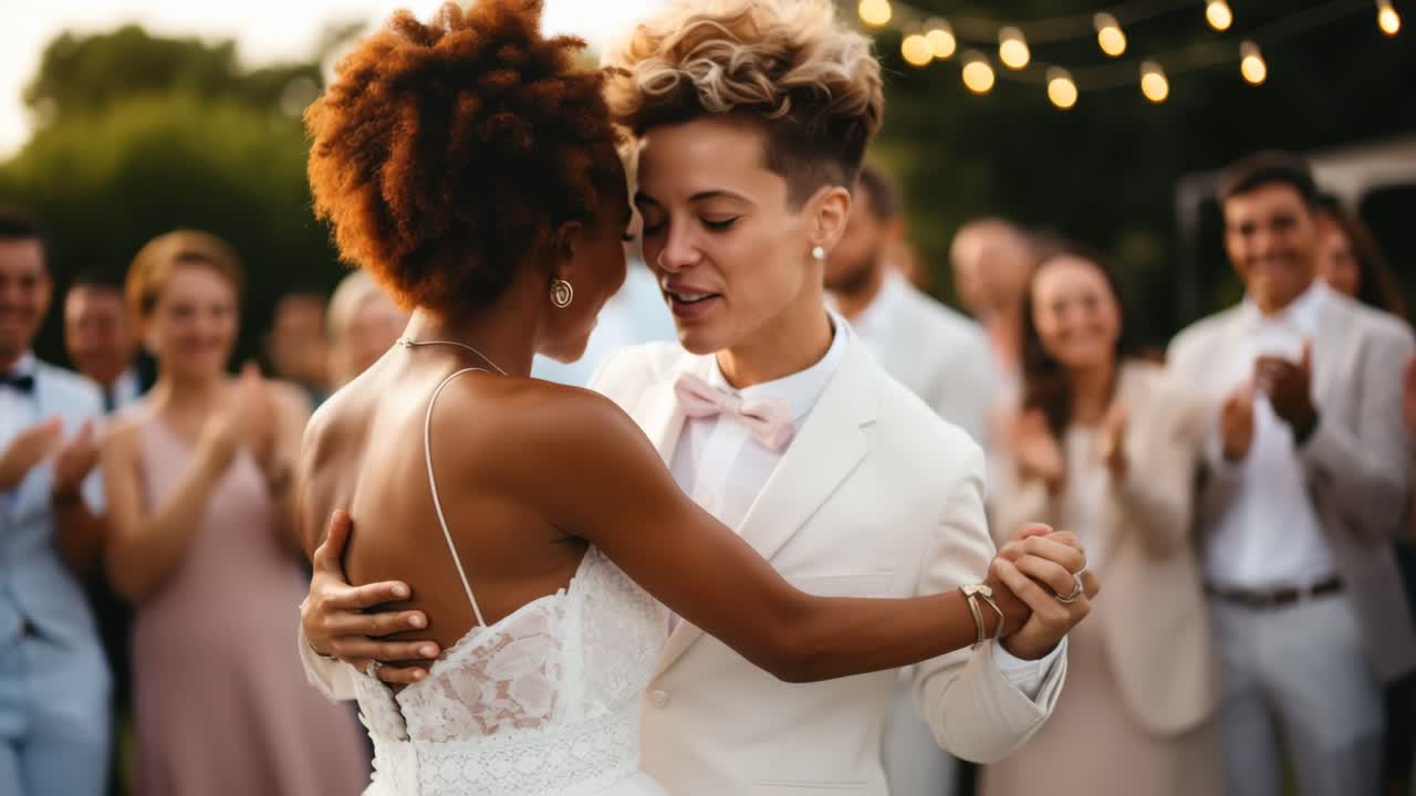 Une scène de mariage joyeuse capturée à hauteur des yeux, mettant en vedette un couple s'embrassant avec des invités applaudissant