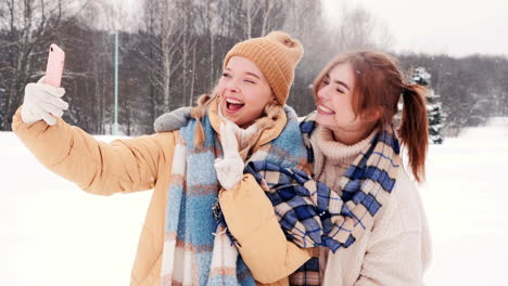 two friends taking a selfie in a snowy park