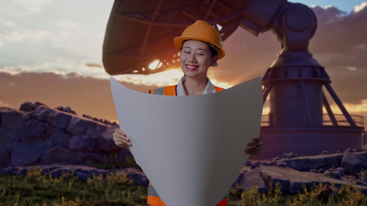 Asian Female Engineer With Safety Helmet Looking At Blueprint In Her Hands While Standing With Large Satellite Dish