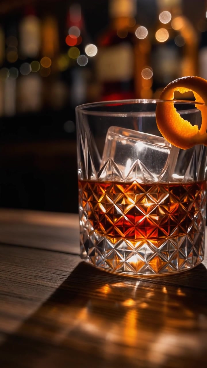 Cocktail Old Fashioned con guarnizione di scorza d'arancia su un bancone di legno