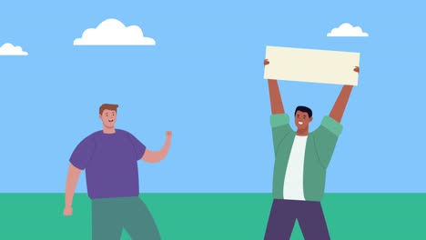 interracial men protesting characters animation