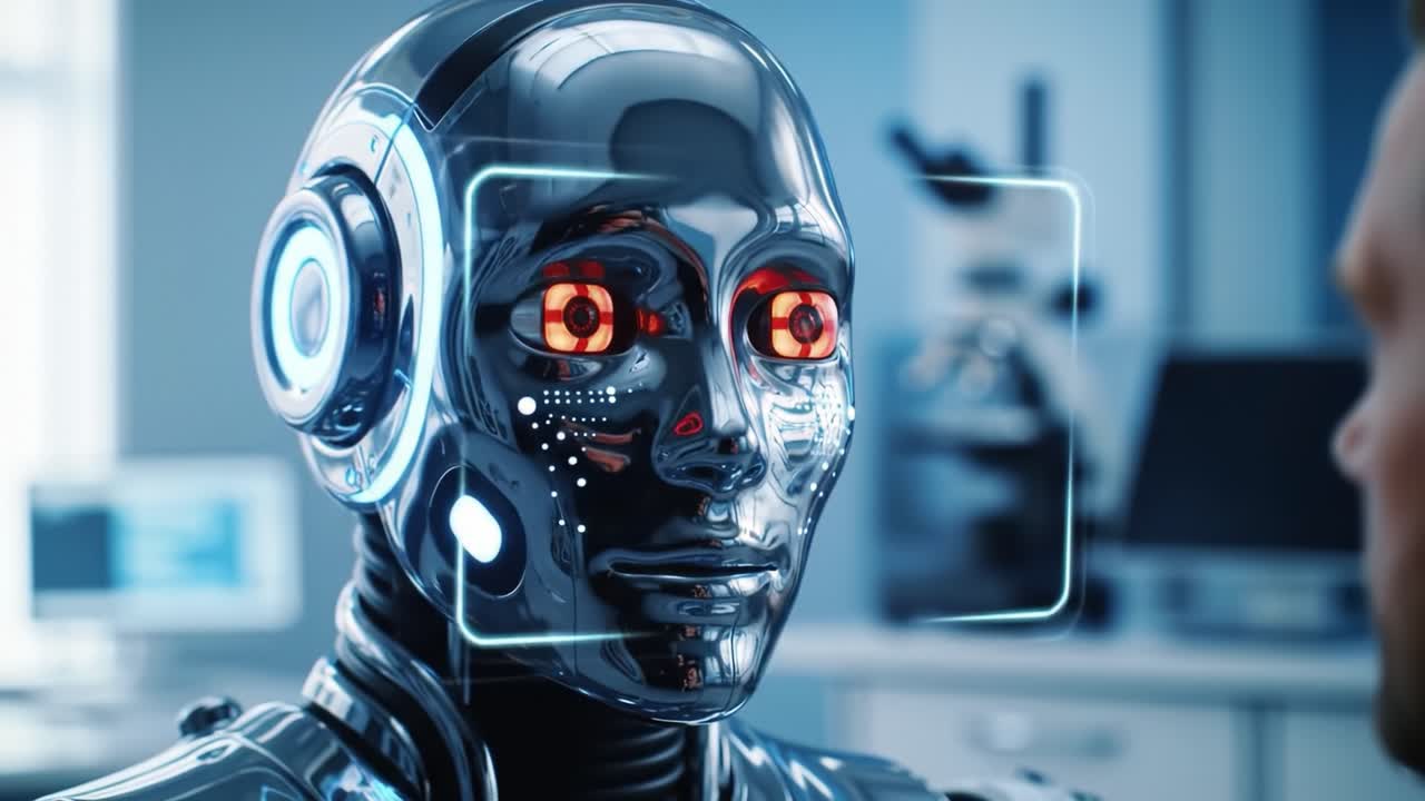 An advanced robot engages in a conversation with a scientist in a high-tech laboratory. The robot features glowing red eyes and a sleek metallic surface, showcasing robotic innovation.