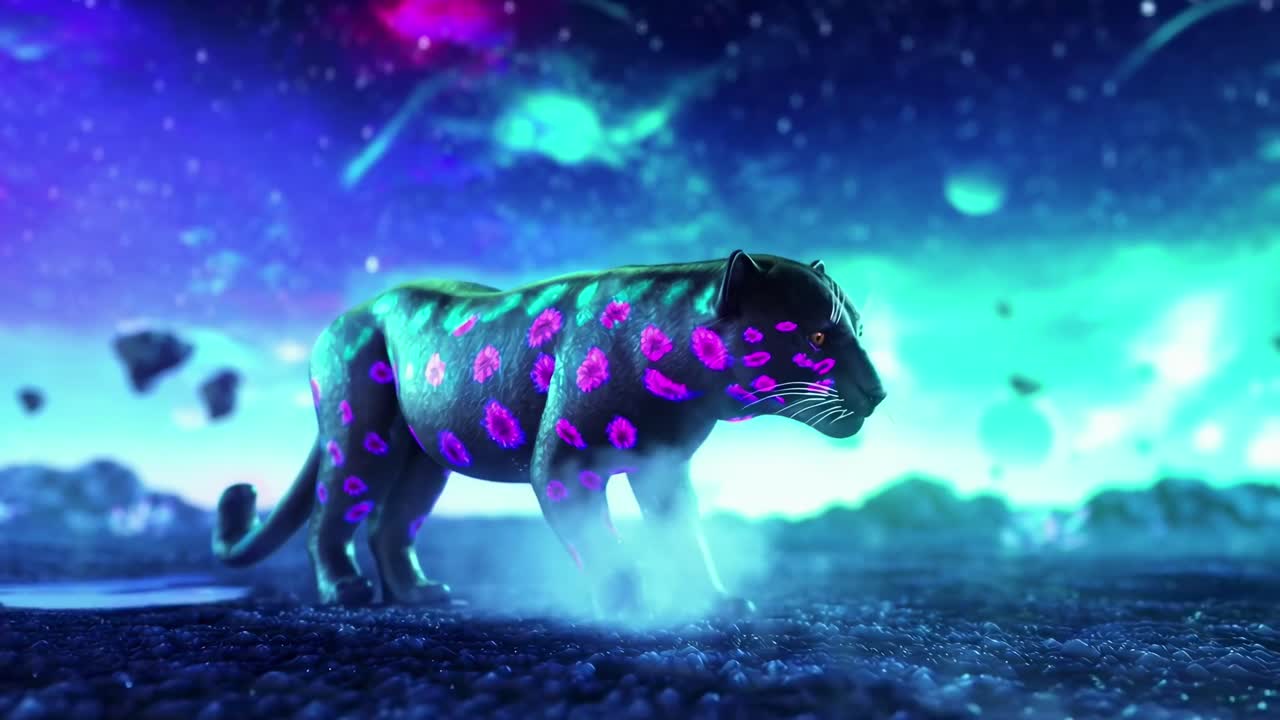 Una pantera illuminata al neon in un paesaggio cosmico, ripresa da una angolazione bassa, evoca un'atmosfera da video di fantascienza