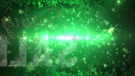 animación de navidad la nieve cayendo sobre luces brillantes, texto de venta en fondo verde