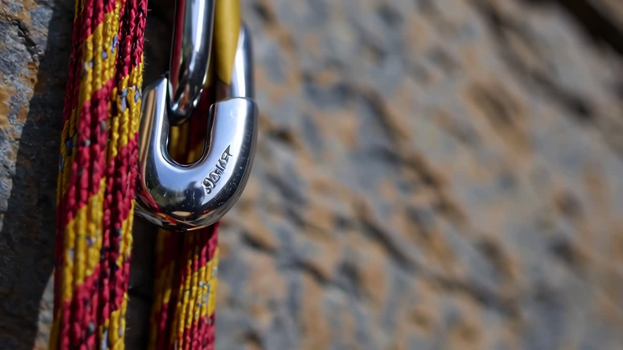 Climbing Rope and Carabiners on Rock Face